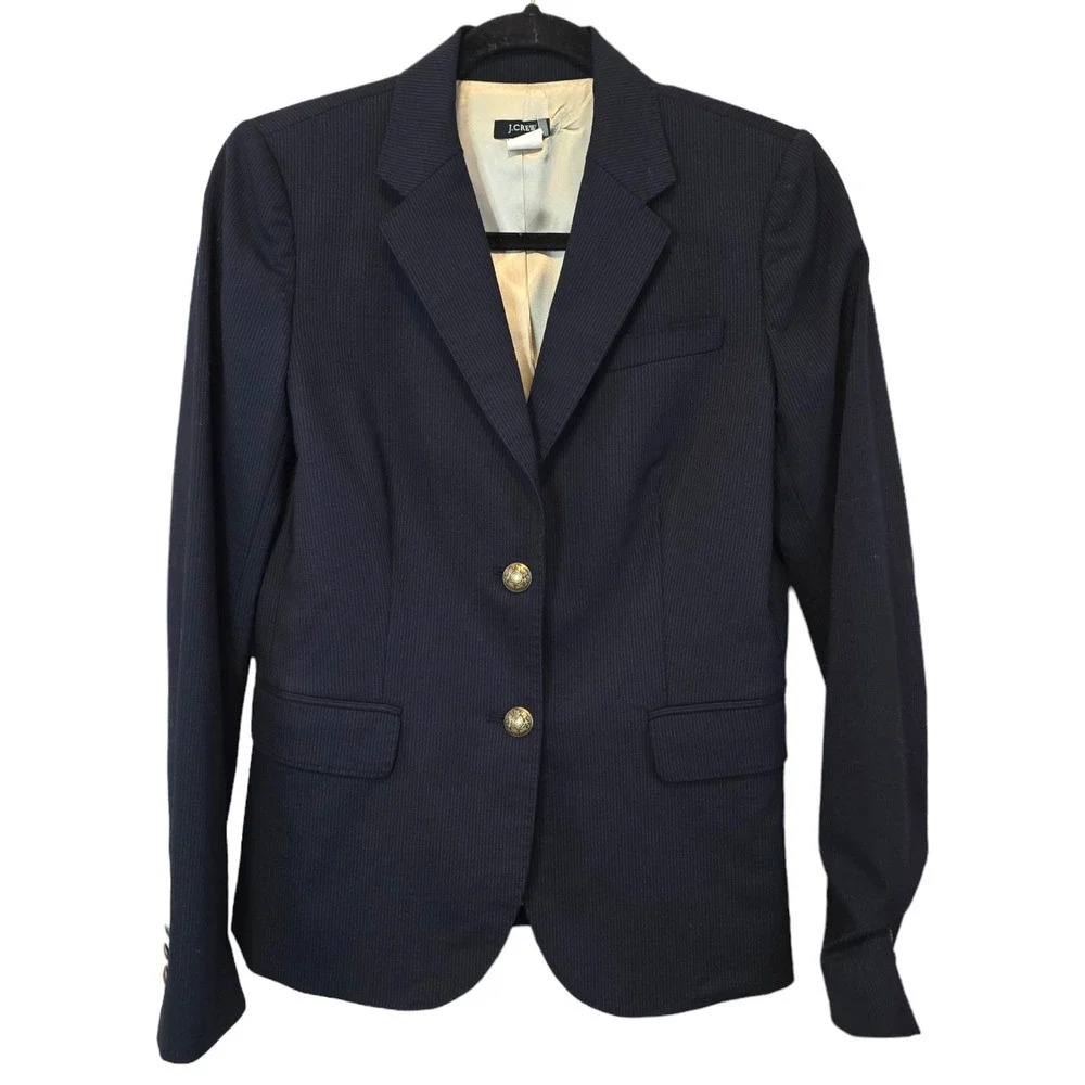 J.Crew Navy Pinstripe Wool Blend Two Pattern Gold Button Blazer Coat Jacket 4